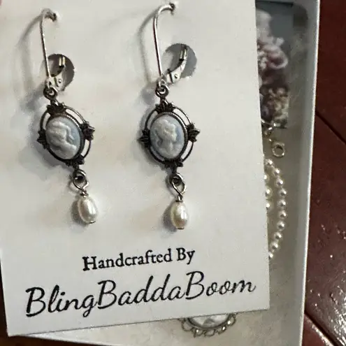 NEW BlingBaddaBoom Blue Cameo Earrings and Choker Set Pearl Regal Bridal Silver