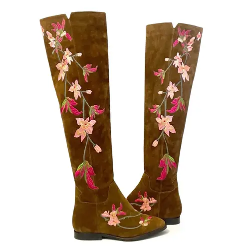 Ash Jess Russet Suede Over the Knee Boots Floral Embroidery Flat Riding EU 40