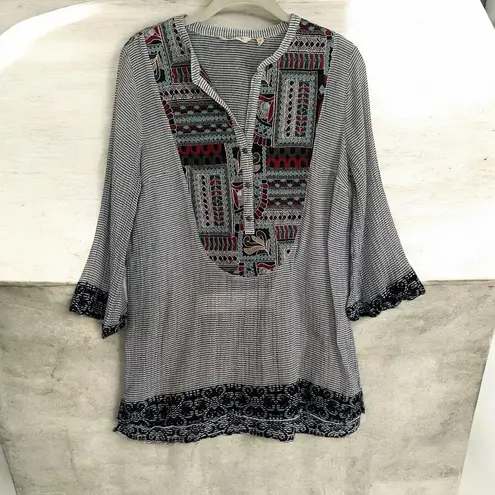 Soft Surroundings Embroidered Small Striped Tunic Top Western Aztec Boho Artsy