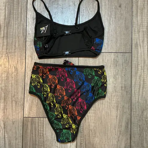 Feather 11 Rainbow Turtle Print Bikini Set High Waisted Swimsuit S Black