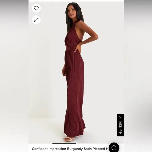 Lulu’s Confident Impression Burgundy Satin Pleated Halter Jumpsuit Size M
