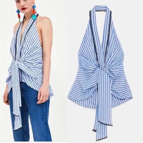 ZARA  blue white striped halter Pom Pom trim open back top S NEW WITH TAGS