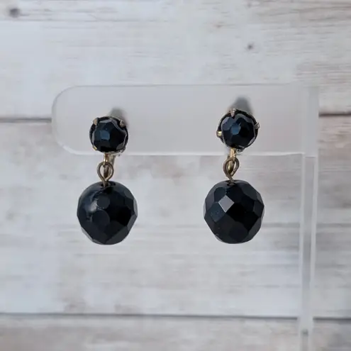 Vintage Clip On Earrings Faceted Black Ball Duo Dangle