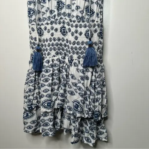 Skemo Evil Eye Boho Smocked Waist Gypsy Mini Dress In Small White