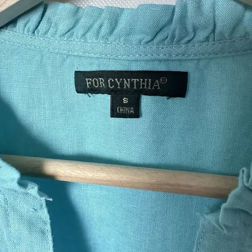For Cynthia Top Linen Turquoise Blue Ruffle Pockets Lagen Beachy Tropical Small
