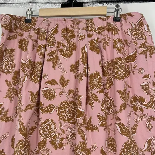 Lane Bryant  Pink Brown Floral Midi Skirt Pull On Poplin Lined Pleated Size 22