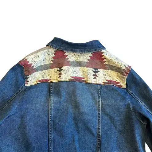 Frye And Co Denim Jean Jacket Southwestern Print Dark Wash Long Sleeve Large Blue
