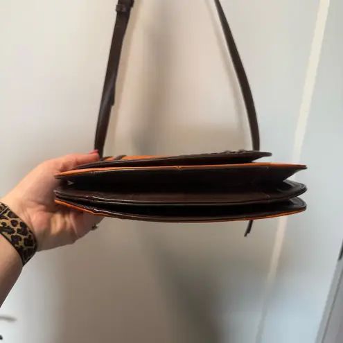 Tignanello Orange Leather Flap Front Saddle Bag Crossbody Accordion Style Purse