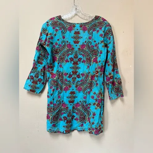 Boho Turquoise Paisley Tunic Top Medium 100% Cotton Festival V