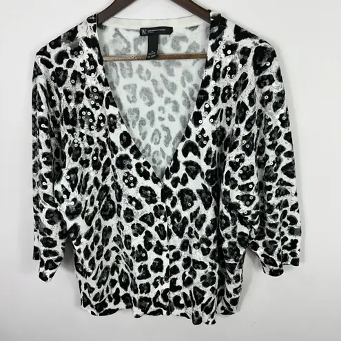 INC Cardigan Women 1X Sequin Leopard Print Stretch Glam Y2K Maximalist Party Black