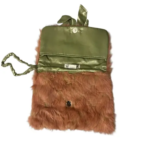 Wills River Co Pink Plush Faux Fur Wristlet Bag Green Satin Lined Y2K Retro
