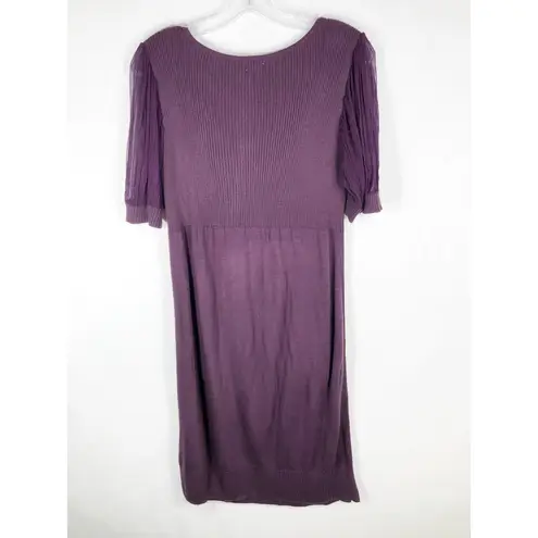 Cache  Medium Sweater Dress Purple Knit Sheer Sleeves Above Knee Shift Scoop 1296