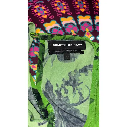 Something Navy Green Black Floral Long Sleeve Midi Dress Tie Waist Pockets S