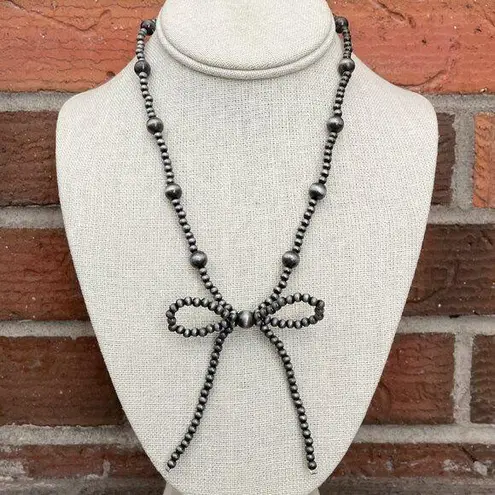 Navajo Style Pearl Beaded Bow Necklace Silver