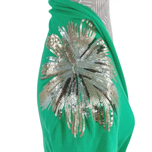 Bright Green Holiday Cardigan Open Front Gold Sequin Flower Sunbursts INC size M Size M