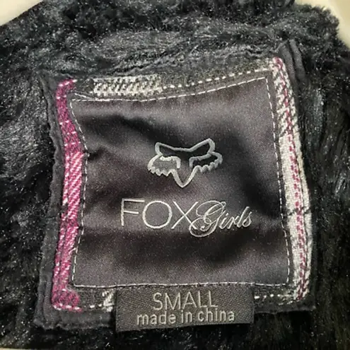 Fox Racing Girls Coat Small Plaid Button Front Faux Fur Lined Hood Pockets Gray