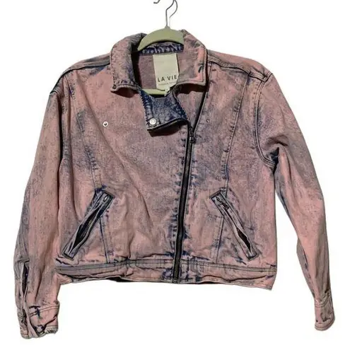 Rebecca Taylor Pink and Blue Jean Denim Jacket Moto Bomber Stone Wash size Small