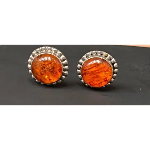 Baltic Amber Round Navajo USA Native American 925 Sterling Clip On Earrings Vtg Orange