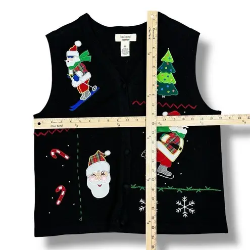Bechamel Vintage Santa Ugly Christmas Sweater Vest V Neck Button Black Medium
