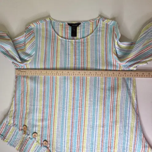 Ali Miles Striped Asymmetrical Hem Tunic Top Large Linen Cotton Coastal Colorful Blue