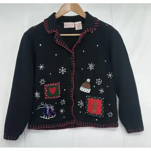 Basic Editions Black Cardigan with Festive Christmas Sweater Vintage Medium
