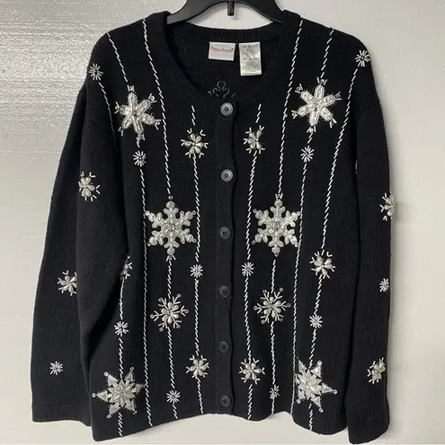 Vintage Bobbie Brooks Sweater XL Black Snowflake Embroidered Beaded Ramie Blend