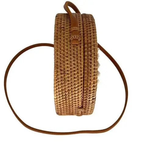 Jelavu Womens Rattan Floral Shells Round Crossbody Handbag Brown White OS