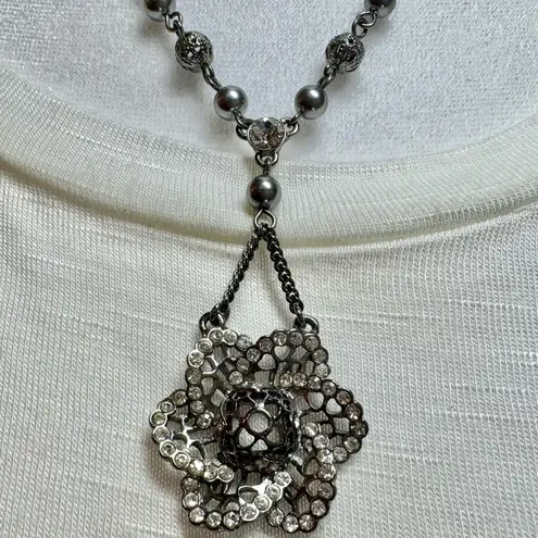 Givenchy Signed Hematite Crystal Flower Pendant Necklace