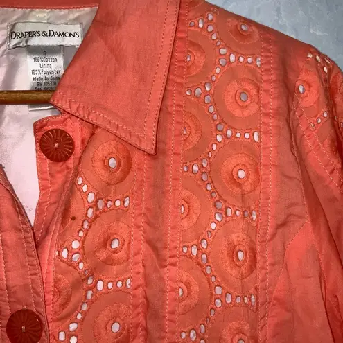 draper's & damon's Draper’s & Damon’s Orange Eyelet Grandmacore Country 3/4 Sleeve Cotton Jacket S