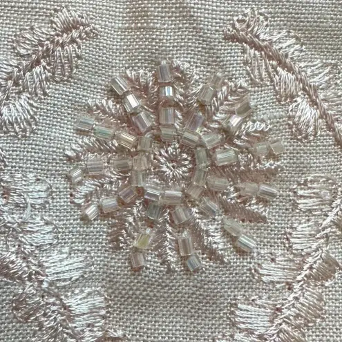 Jessica Howard Vintage  Pink Linen Embroidered Beaded Midi Dress Size 12 Large