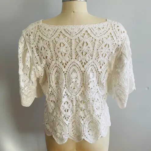 Solitaire Boho Crochet Short Sleeve Top- White- Size Medium