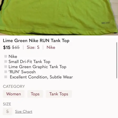 Nike  Dri-fit RUN Sleeveless Tank Top Lime Green Women's Size Small