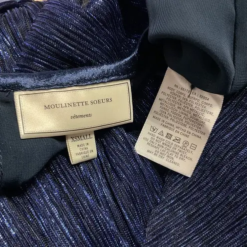 Moulinette Soeurs Anthro Blue Metallic Accordion Pleat Long Sleeve Top XS