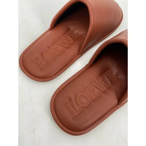 Loewe Logo Embossed Brown Leather Round Toe Slip On Slippers Size 41