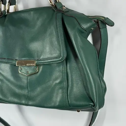 Vintage b. Makowsky hunter green gold leather satchel crossbody purse 10x17x4.5”