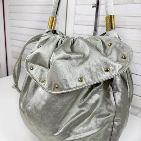 Lily Y2K Satin Studded Drawstring Hobo Shoulder Bag Sage Green Silver Gold