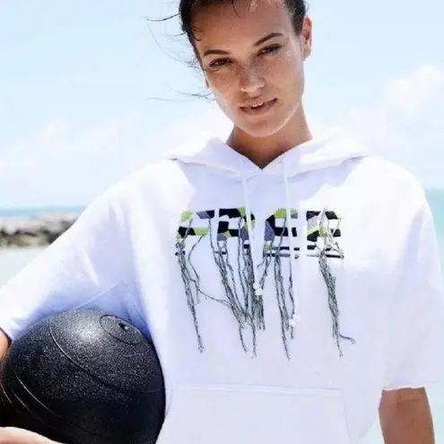 Free People  women's S fringe short sleeve kangaroo pocket FREESTYLE crop hoodie