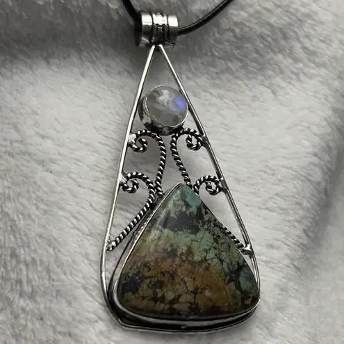 African Turquoise & White Rainbow moonstone Natural Gemstone 925 Silver Plated Gemstone Pendant Necklace