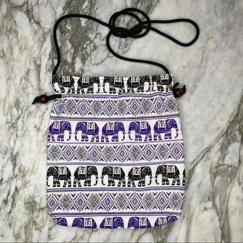 HANDMADE Boho Elephant Mandala Print Crossbody Pouch Bucket Bag Purse Small White