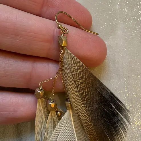 Pair of Feather and Gold Tone Beaded Chain Dangle Earrings for Pierced Ears