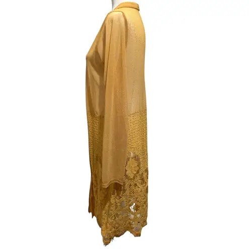 EMBER MESH LACE KIMONO MUSTARD YELLOW FLORAL EYELASH FRINGE DUSTER Gold Size L