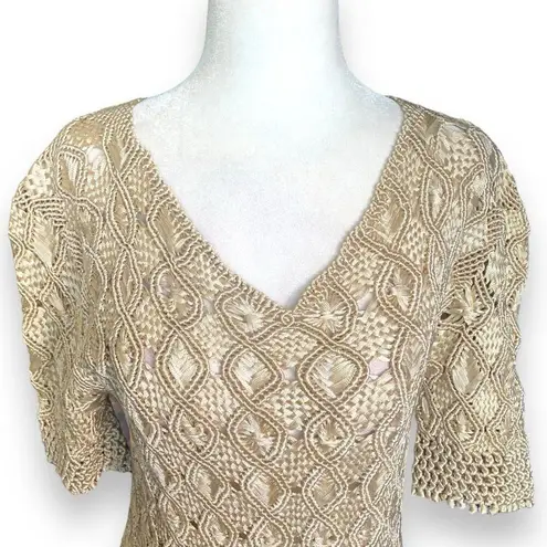 Vintage Inca Boutique Top Tan Open Weave Sheer Vneck Short Sleeve Art To Wear