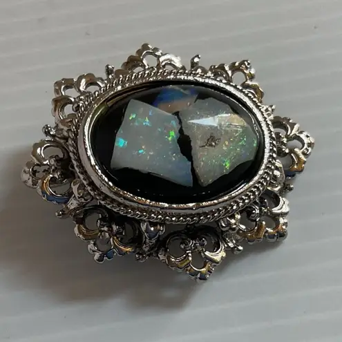 Vintage Baroque Opal Style Glass Brooch Pendant Gold Ornate Frame Pin Victorian Silver