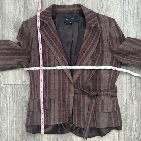 BCBGMAXAZRIA  Wool Blend Blazer Tie Front Brown Striped Silk Trim Ruffle Small