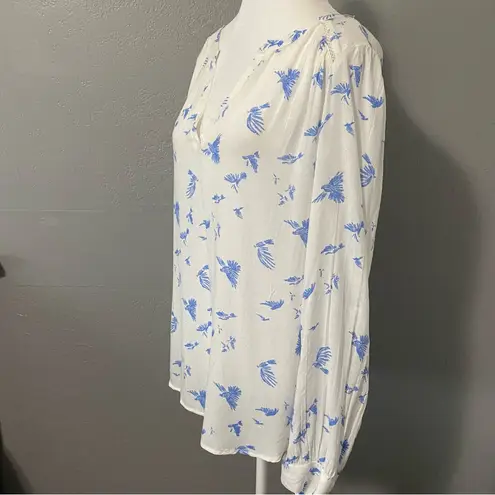 Hinge white long sleeve split V neck blouse blue bird print boho cottage Large