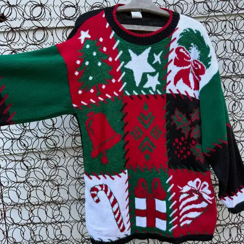 Vintage 90s Holiday Time Christmas Knit Sampler Sweater Tree Candy Cane SMALL Black