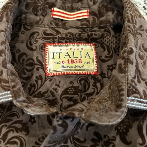 Italian Shoemakers Vintage Italia Size Medium Brown Velvet Shirt Floral Damask Pattern Cotton L/S