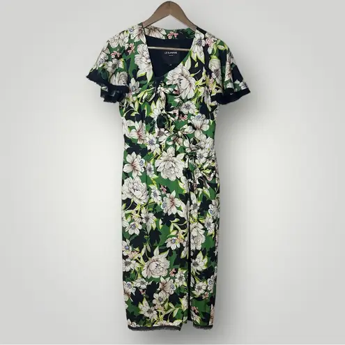 Le Superbe Gardenia Floral Midi Dress 4 Green Black Tie Front Slit Short Sleeve