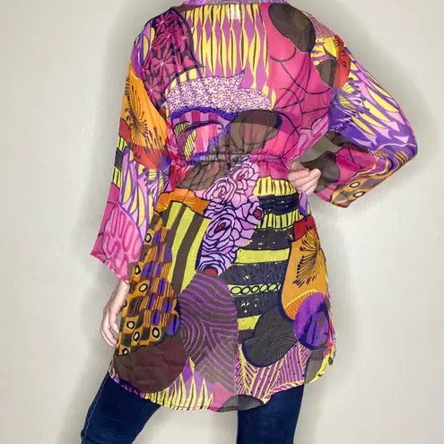 Creations Retro Colorful Abstract Sheer Tunic Swim Cover Blouse