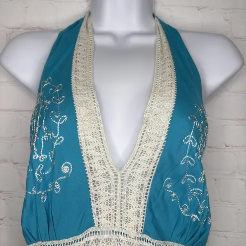 My Choice Dress Summer Halter Top Blue White Lace Embroidery XL KNEE LENGTH
